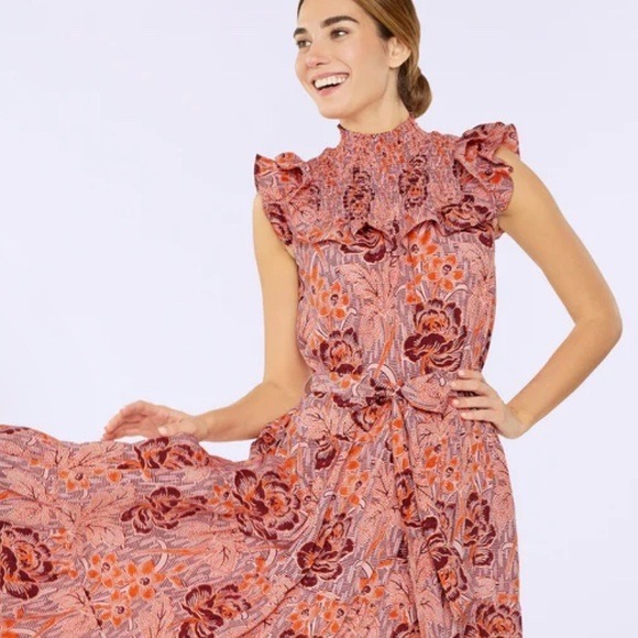 Likely Dresses & Skirts - Likely Pink Floral Smocked High Neck Ruffle Midi Levine Dress Size 8